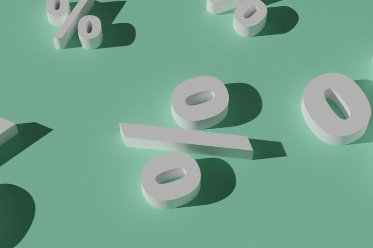 Weiße Prozentzeichen auf mintgrünem Hintergrund mit Schatten. Symbolisiert die Ersparnisse durch einen Vergleich bei Anschlussfinanzierungen